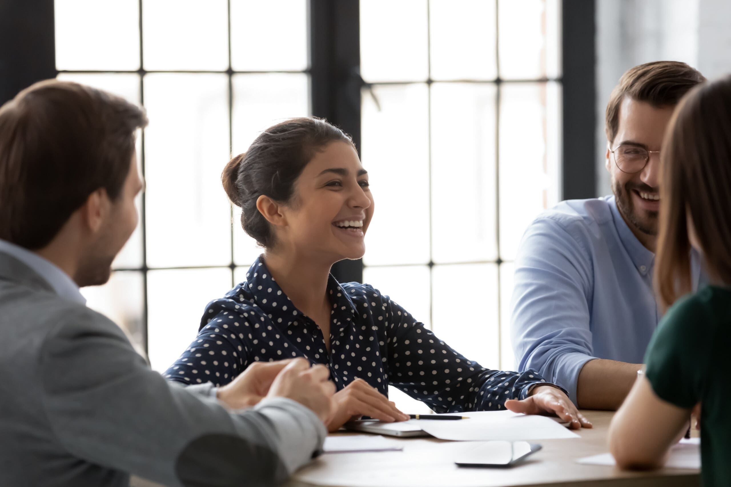 Diverse,Office,Workers,Gathered,In,Boardroom,Morning,Briefing,Having,Pleasant